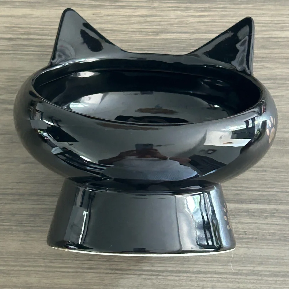 Raised Tilted Ceramic Cat Food Water Bowl 1 Black & w/ Gold Paw Prints